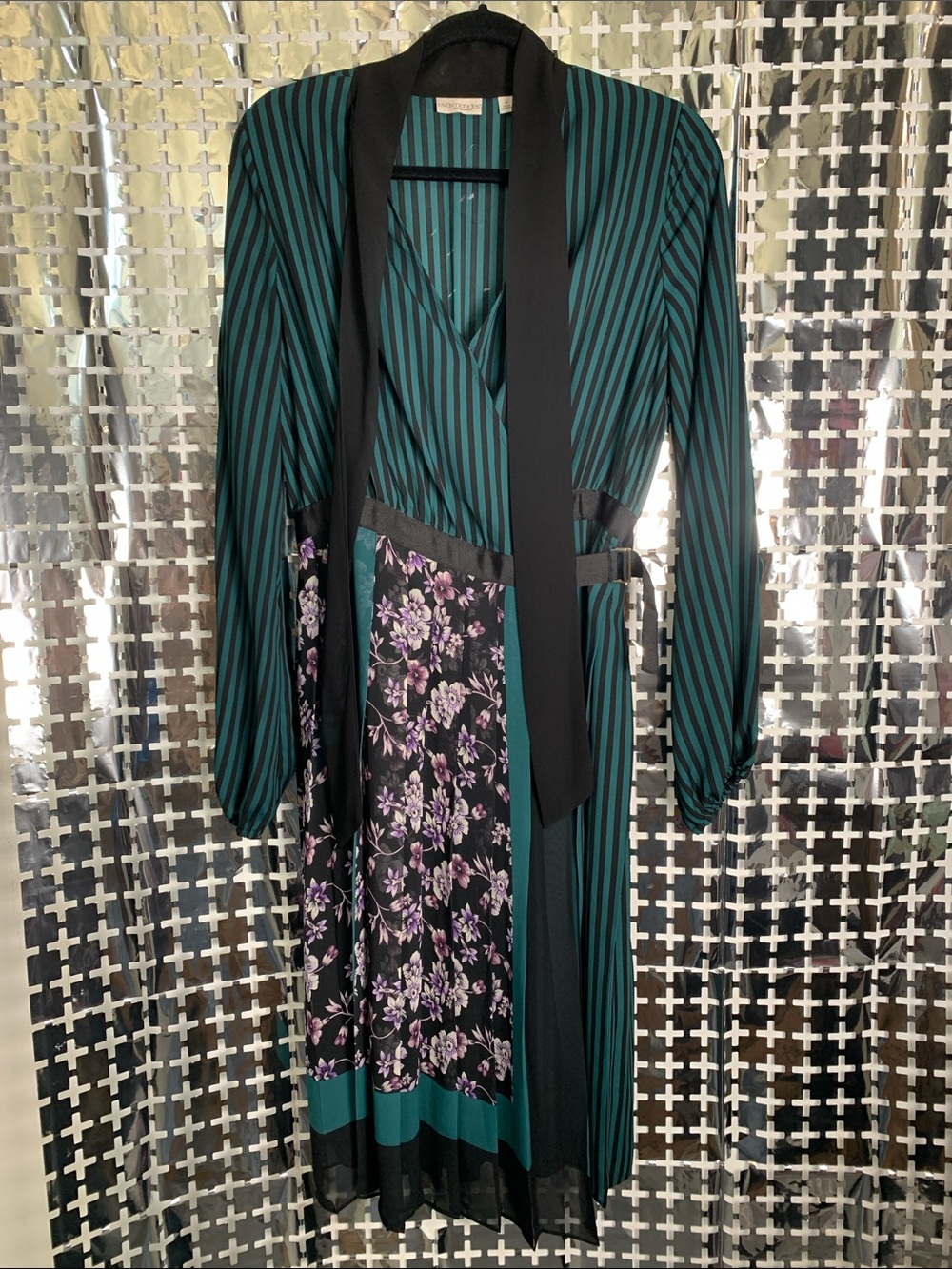 Eva Mendes Striped Teal and Black Midi Wrap Dress with Floral Panel